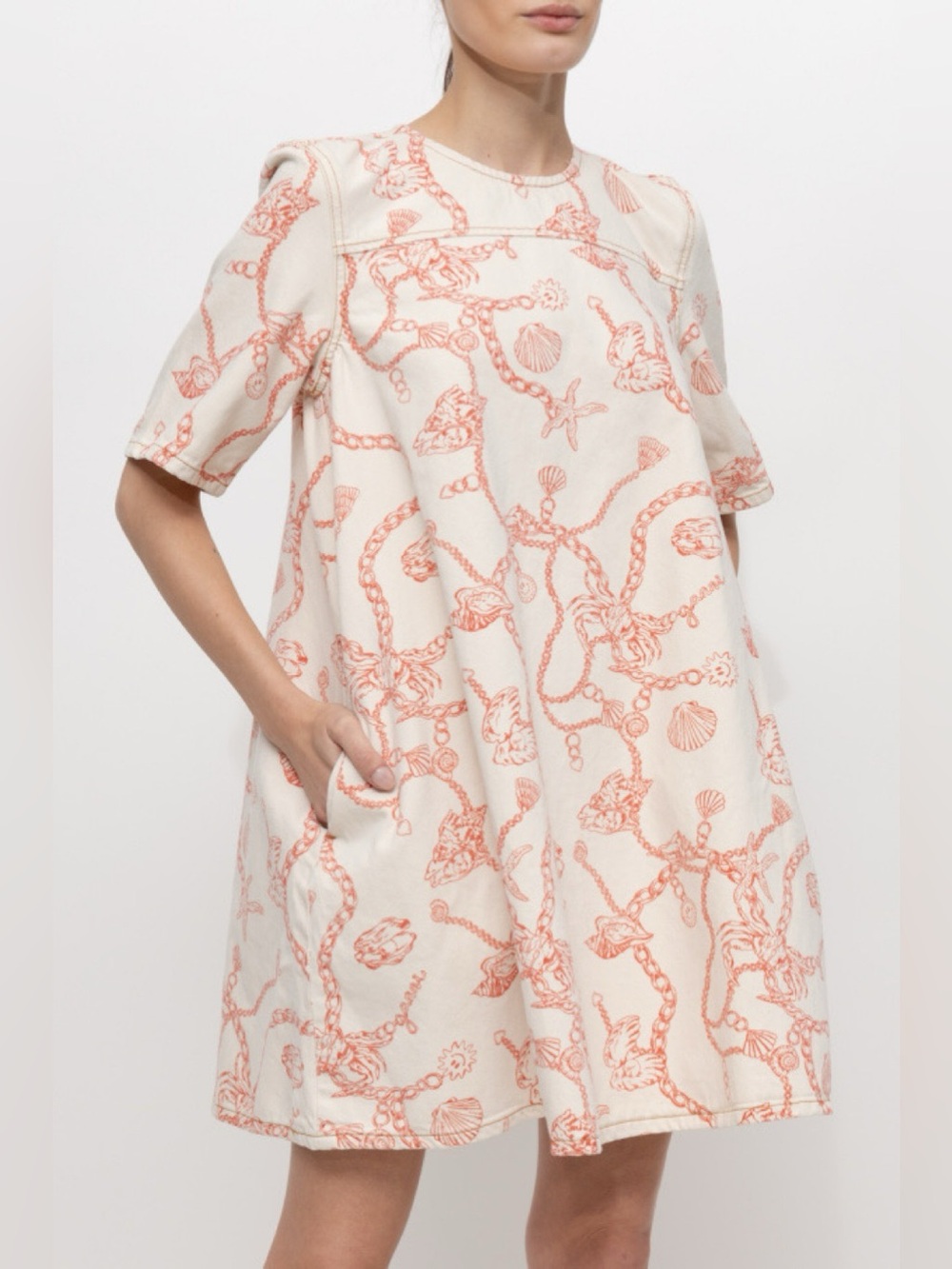 Ganni Egret Print Denim Dress NwT
